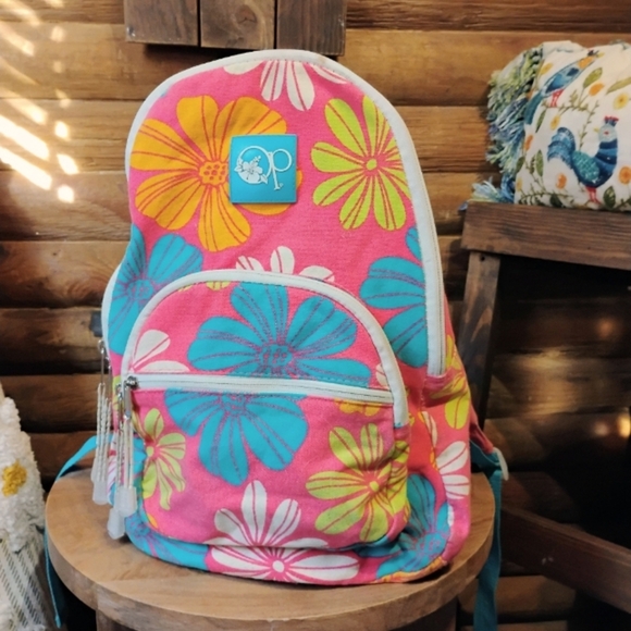 OP Handbags - Vintage OP Bright Flowers Backpack Canvas Pink Blue Orange Happy Floral